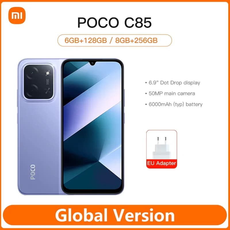 هاتف POCO C85 الإصدار العالمي مع NFC ومعالج MediaTek Helio G81-Ultra وشاشة 6.9 بوصة Dot Drop وكاميرا رئيسية 50 ميجابكسل وبطارية 6000 مللي أمبير في الساعة وشحن سريع 33 واط