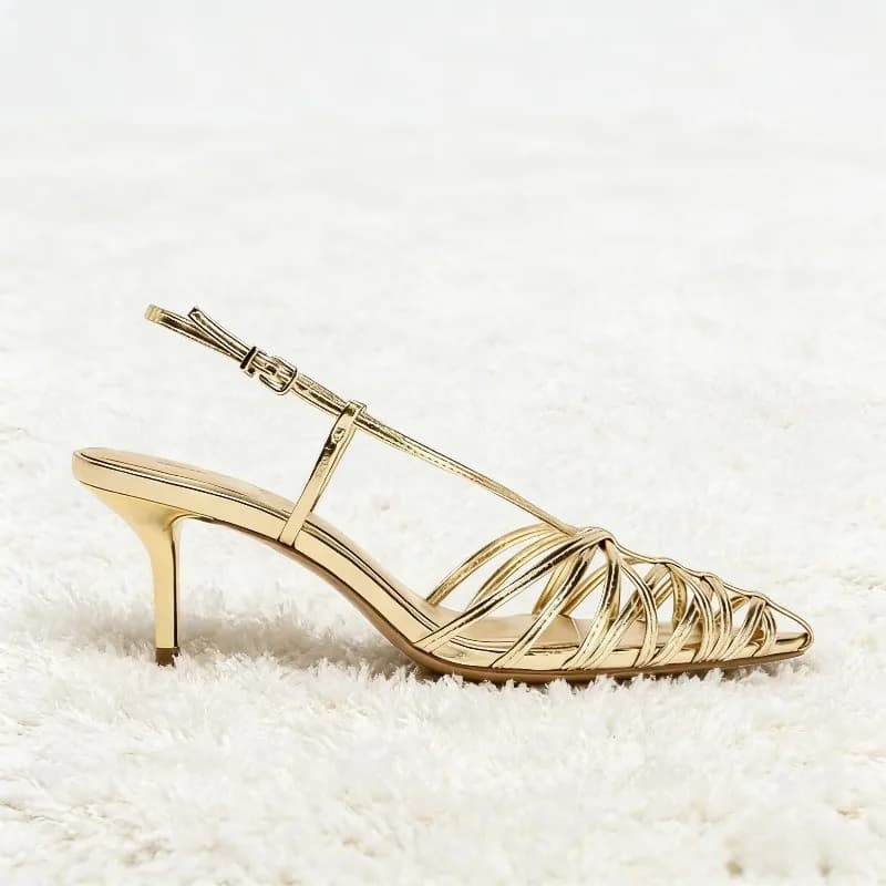 Luxury Gold Narrow Strap Heeled Sandals Women Sexy Pointed Toe Back Strap Roman Style Pumps Elegant Fashion Banquet Wedding Shoe - 4