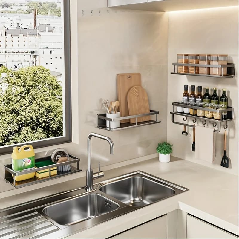 Aluminum Wall-Mounted Shelf Multifunctional Kitchen Spice Storage Rack Kitchen Space Management Solution Kitchen Accessories - 4