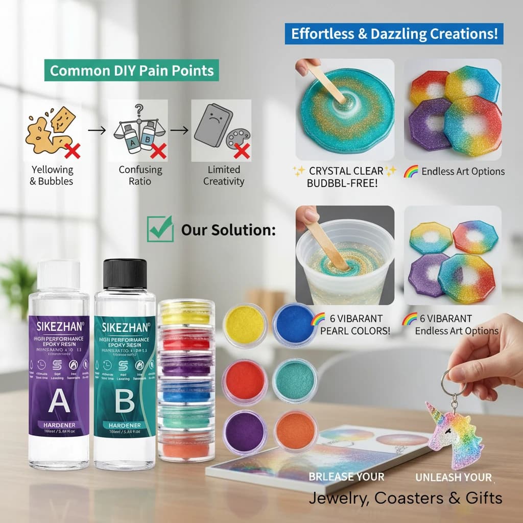 طقم راتنج إيبوكسي شفاف كالكريستال مع 6 ألوان من مسحوق الميكا، غراء AB خالٍ من الفقاعات لصناعة المجوهرات، فن الأظافر، الصابون والحرف اليدوية - 5