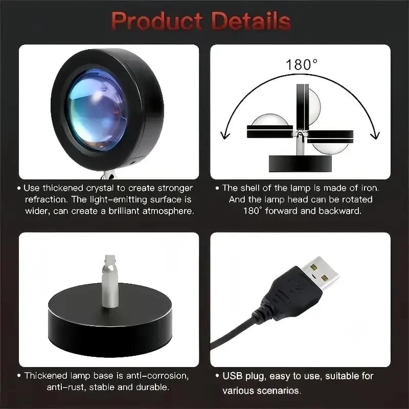 إضاءة إسقاط غروب الشمس USB - إضاءة قوس قزح للحائط والسقف، مع تصميم آرت ديكو دوار 180 درجة، وطلاء معدني، وقابل للتعديل - 6