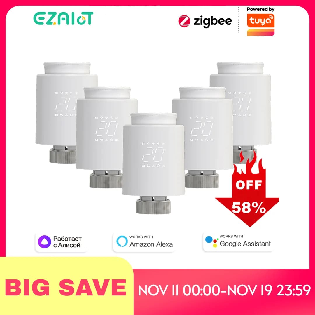 إيزايوت تيا زيجبي سمارت صمام TRV الحراري ترموستات مشغل الرادياتير جهاز التحكم في درجة الحرارة التحكم الصوتي أليكسا جوجل هوم