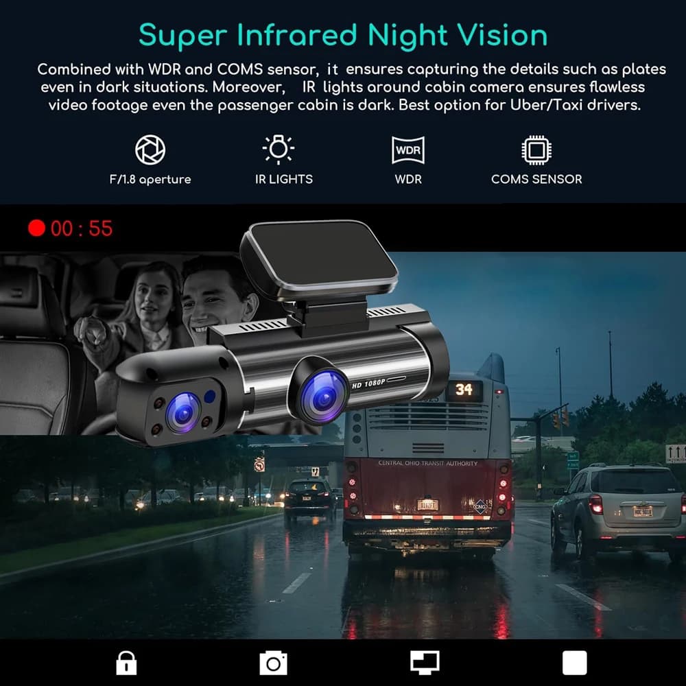 جهاز تسجيل فيديو رقمي للسيارات HD 1920*1080P، داش كاميرا بعدسة مزدوجة، داشكام للمقصورة، مسجل فيديو للمركبة، صندوق أسود داخلي، جهاز تسجيل فيديو رقمي صغير - 4