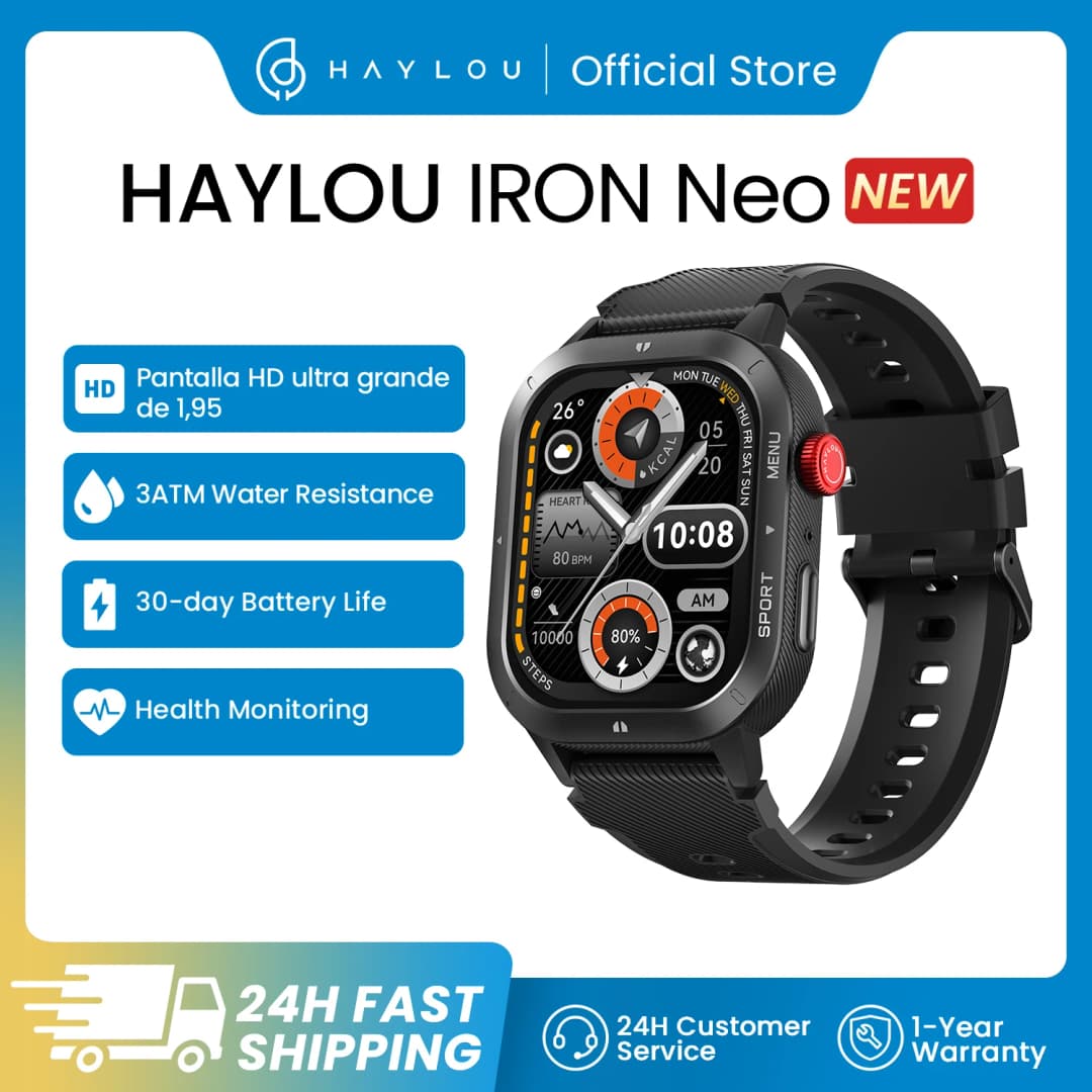 ساعة HAYLOU IRON NEO الذكية بشاشة 1.95 بوصة عالية الدقة مقاومة للماء حتى 3ATM مع مكالمات بلوتوث وبطارية تدوم 30 يومًا لساعات الرياضة الخارجية