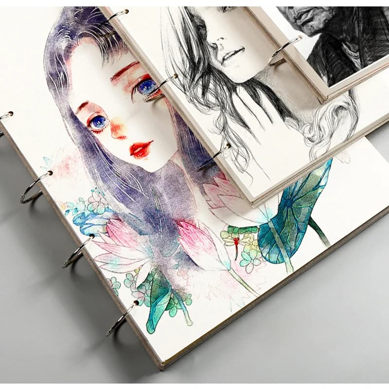 كتاب رسم سميك 32K، أوراق فضفاضة مرتبطة بحلقة 16K، غلاف كتان، كتاب رسم احترافي 160GSM، 60 ورقة، 120 صفحة - 5