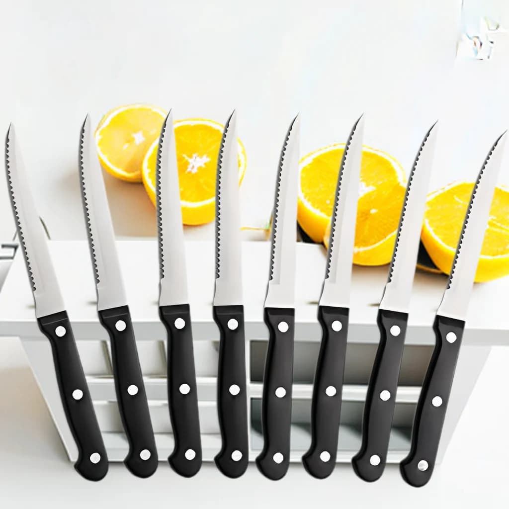 4/6/8/12 Pcs Steak Knives Forks Set Sharp Blade Black PP Handle Outdoor BBQ Picnic Meat Cutter Multi-function Fish Cutting Knife
