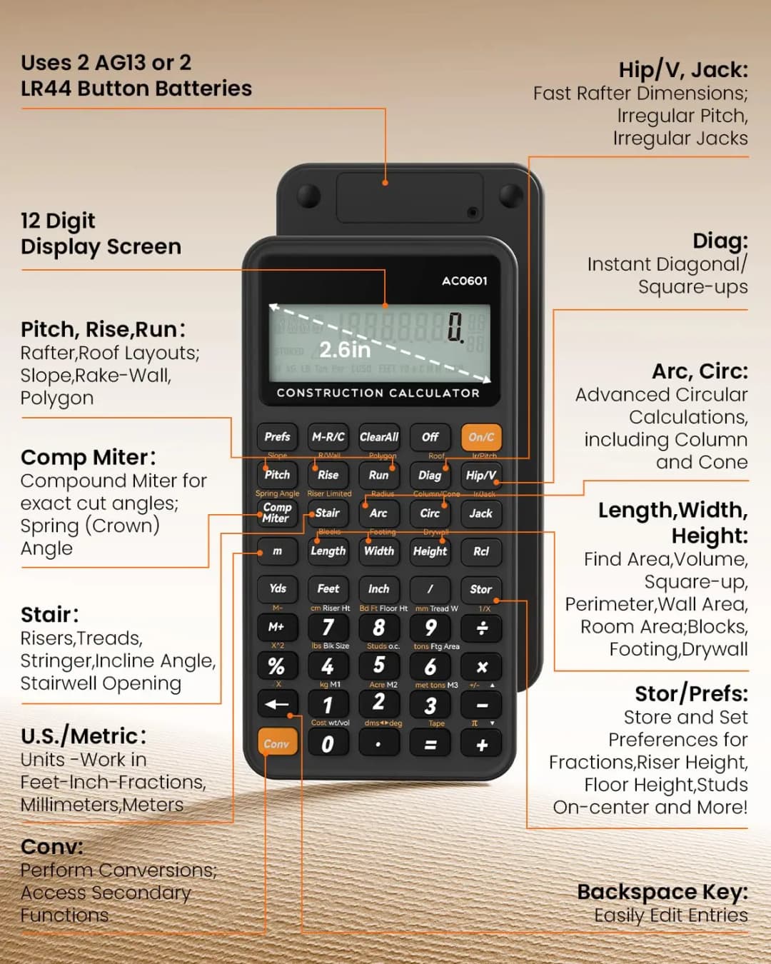 Construction Calculator with Writing Tablet Industrial & Scientific ROATEE Engineering Calculator for Contractor Concrete Pocket - 6