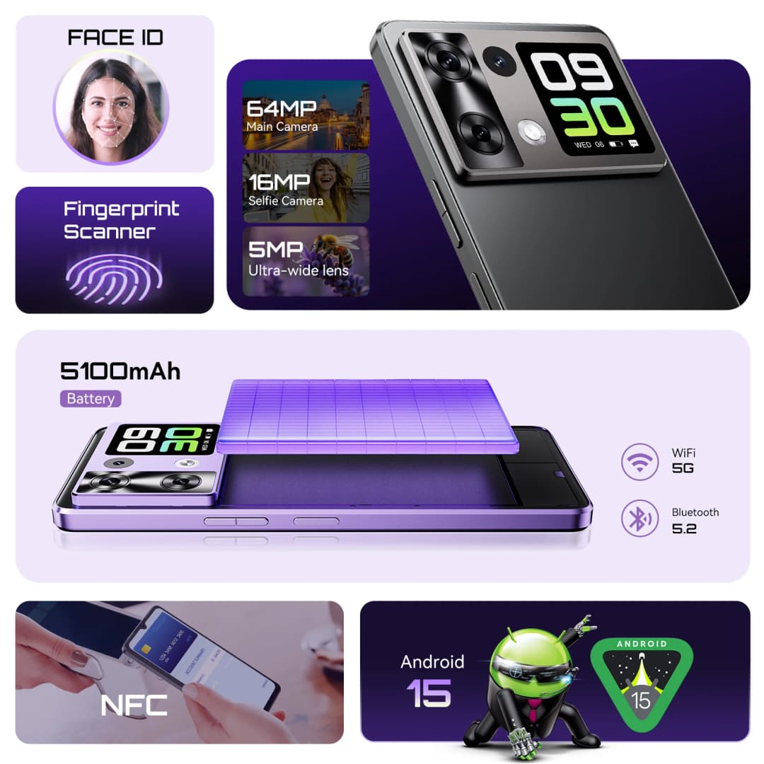 هاتف كوبوت P90 الذكي بنظام أندرويد 15، شاشة 6.88 بوصة بمعدل تحديث 120 هرتز، 24 جيجابايت رام + 256 جيجابايت روم، معالج G100 ثماني النواة، 2.2 جيجا هرتز، كاميرا 64 ميجابكسل، بطارية 5100 مللي أمبير، NFC، هاتف 4G - 6