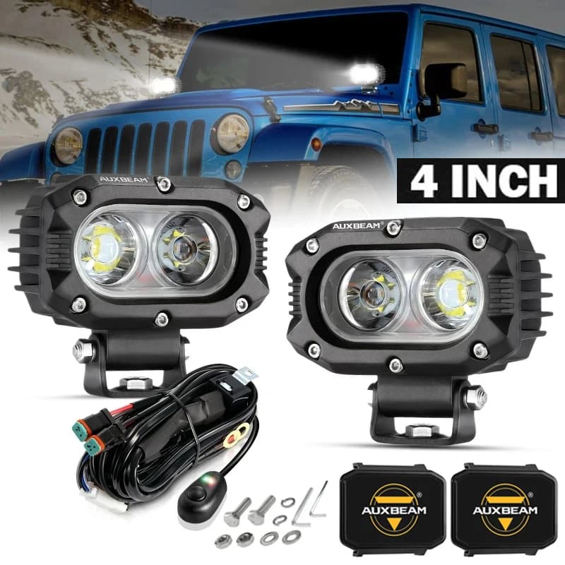 AUXBEAM مصباح قيادة LED مربع 4 بوصة إضاءة عمل مع تسخير لشاحنة بيك أب للطرق الوعرة (ضوء غامر/بقعة)