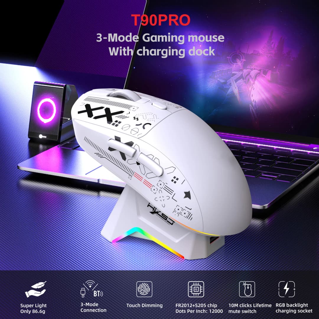 2026 New T90Pro RGB Backlit Wireless Gaming Mouse with Charging Base Triple Mode 1K Optical Ergonomic Mouse For Esports - 4