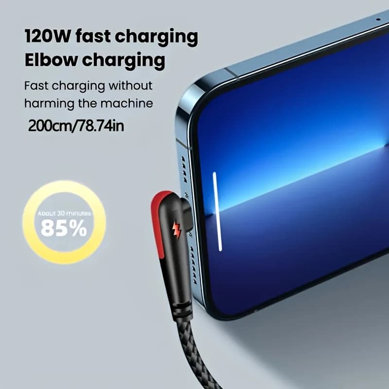 كابل NNBILI 120 وات شحن سريع USB إلى Type-C، مضفر من النايلون، 90 °   تصميم الانحناء، مناسب للشحن عالي السرعة لهاتف Huawei oppo - 3