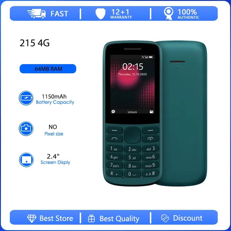 هاتف محمول أصلي مجدد 215، 4G، ثنائي الشريحة، مفتوح، GSM 900/1800، بلوتوث، لوحة مفاتيح بالروسية والعربية والعبرية، صنع في فنلندا