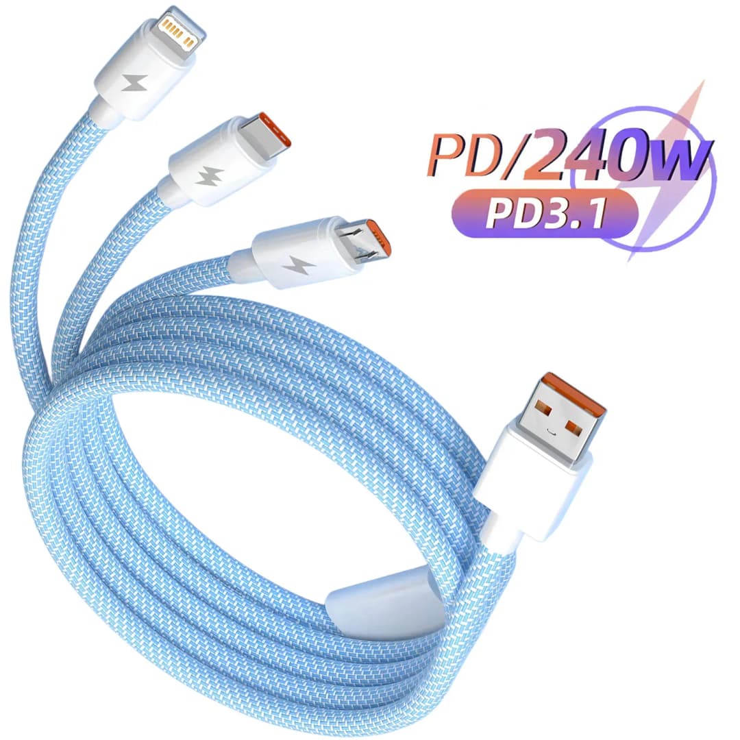 240W 3-in-1 USB-C & Micro USB Fast Charger for iPhone Samsung Xiaomi Poco - High Speed Multi-Device Cable