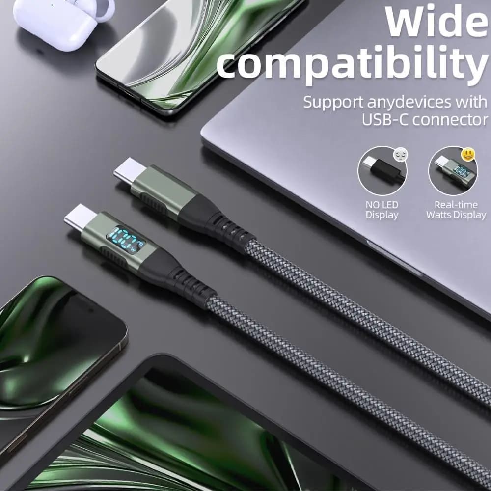 LAIHONEN 1PC/2PCS PD 100W USB-C to C Cable LED Display Nylon Braided 480Mbps, Fast Charge For IPhone15 Pro Max Galaxy iPad Pro - 3