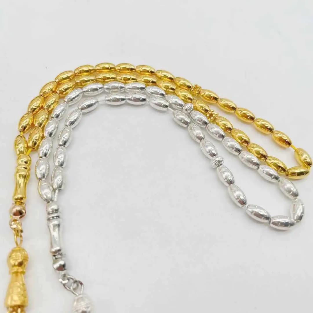 خرز صلاة أنيق مصنوع من خليط معدني، تسبيح ذهبي/فضي 4 × 7 مم للمسلمين، مسبحة إسلامية بلون سادة، هدية يومية مثالية للرجال والنساء - 2