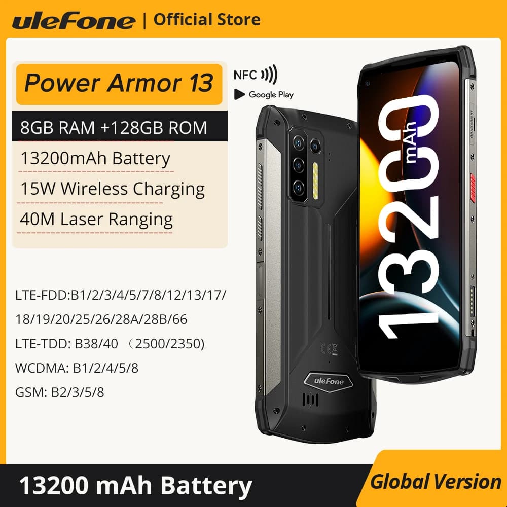 هاتف Ulefone Power Armor 13 المتين 13200 مللي أمبير أندرويد هاتف مقاوم للماء 6.81 بوصة FHD هاتف محمول إصدار عالمي