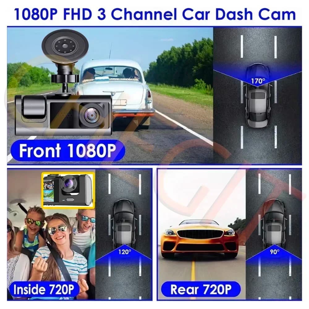 واي فاي 3 قناة مسجل سيارة صغير كاميرا سيارة ثلاثية الاتجاهات كاميرا داخل المركبة مسجل FHD 1080P فيديو كاميرا سيارة مسجل أسود - 2