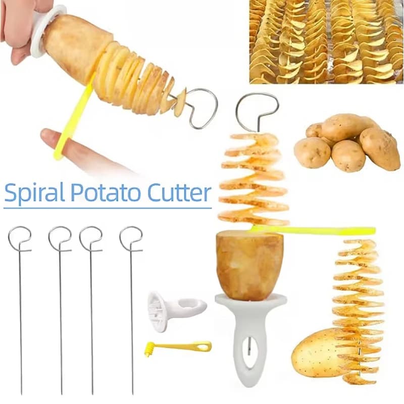 6 مجموعات من قطاعة البطاطس الحلزونية مع 4 أعواد من الفولاذ المقاوم للصدأ، صانع رقائق البطاطس القابل لإعادة الاستخدام، أدوات المطبخ