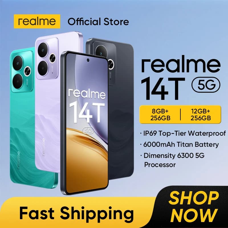 هاتف realme 14T 5G بمعالج Dimensity 6300 وبطارية 6000 مللي أمبير وشاشة AMOLED 6.67 بوصة بمعدل تحديث 120 هرتز وشحن 45 واط IP69