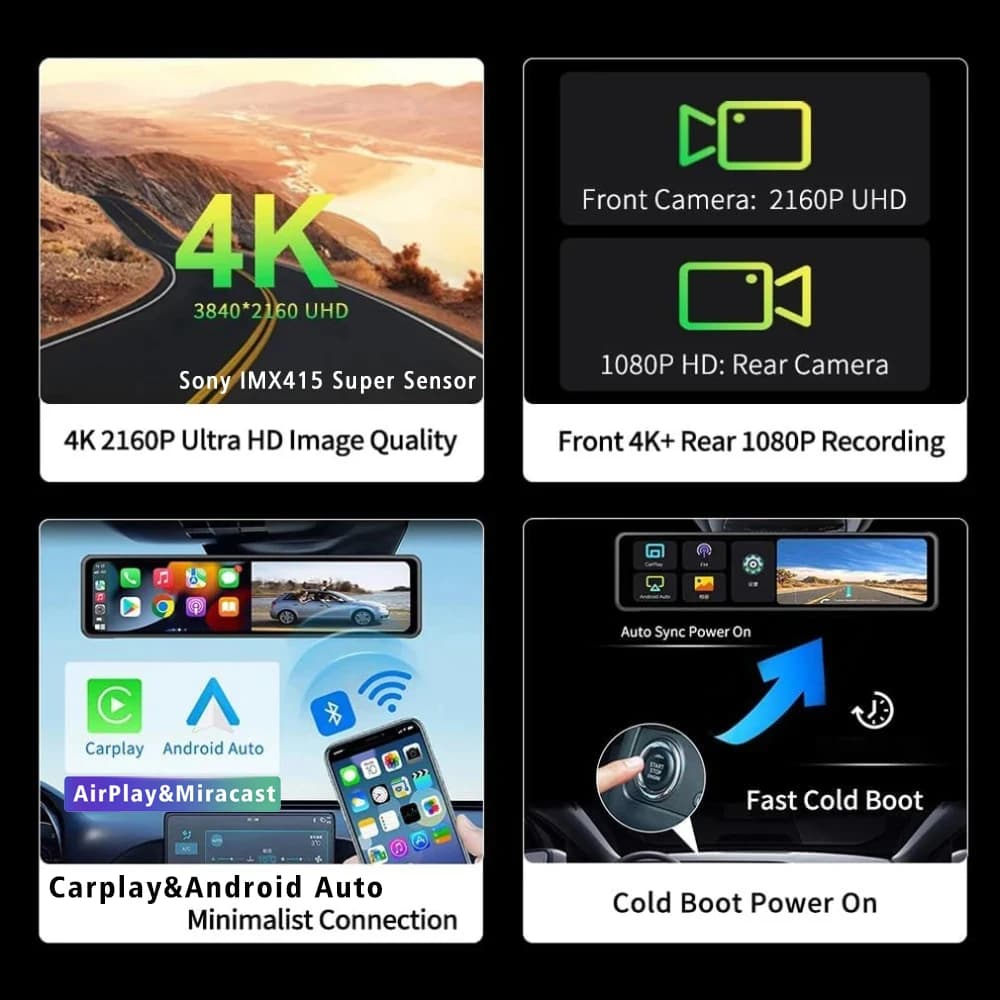 11.26 بوصة 4K 2160P جهاز تسجيل فيديو رقمي - كاربلاي، أندرويد أوتو، داش كام، GPS، واي فاي، بلوتوث، FM، مرآة الرؤية الخلفية، مسجل كاميرا - 3