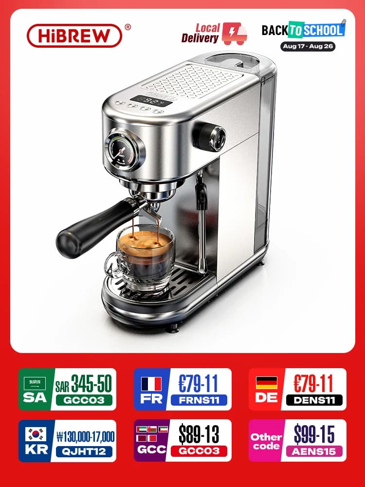 HiBREW 20Bar Semi Automatic Espresso Coffee Machine Temperature Adjustable Cold/Hot Super Slim Coffee Maker Cappuccino H10B