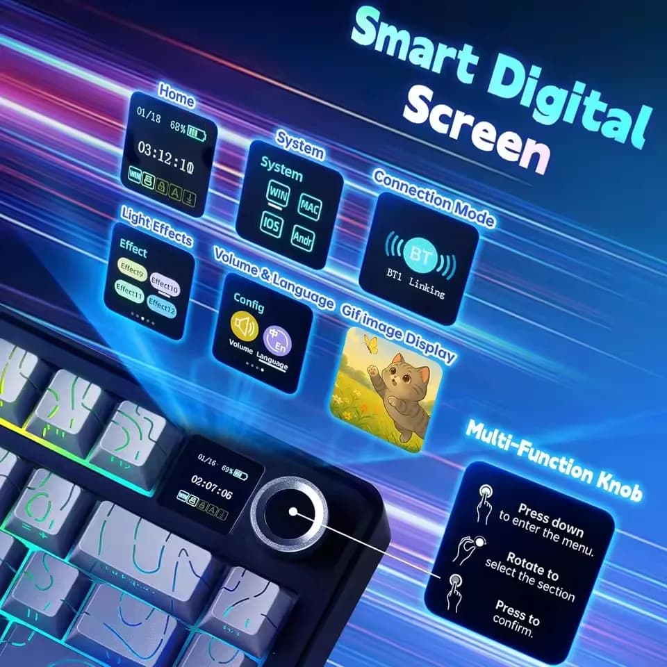 لوحة مفاتيح ميكانيكية للألعاب AULA F75 MAX سلكية/بلوتوث/2.4G لوحة مفاتيح رياضية إلكترونية RGB قابلة للتبديل السريع مع شاشة TFT للكمبيوتر/Mac ﻿ - 4