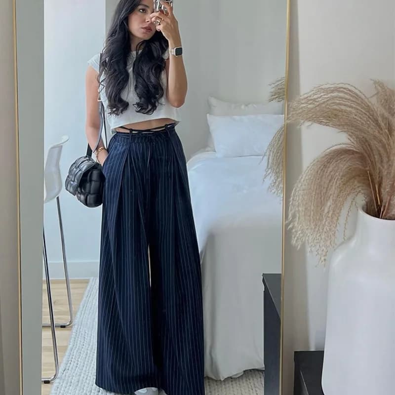 HXAO Women's Pants Baggy Wide Pants For Woman Minimalist Pleated Stripe Casual Pants Women Office Green Oversize Suit Trousers - 3