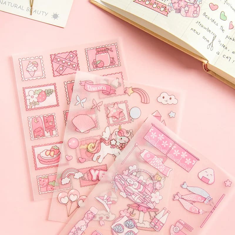 Kawai 4Pcs Pink PET Decorative  Stickers Pack Scrapbooking Stationery School Supplies Korean Stickers - 2