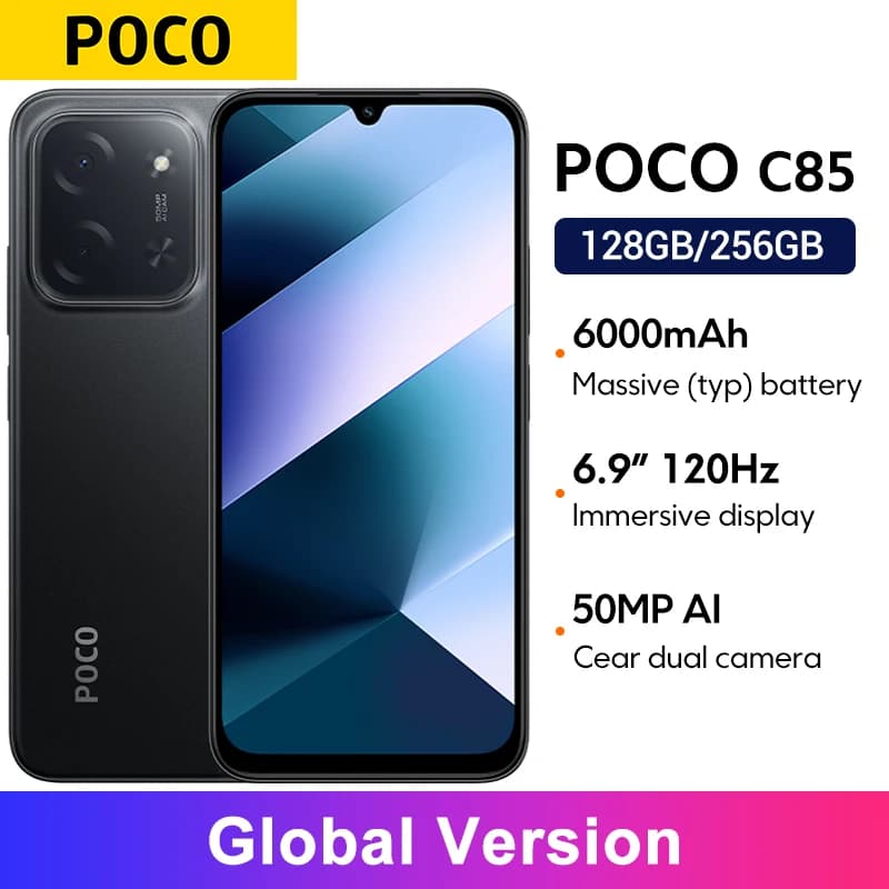 هاتف POCO C85 الإصدار العالمي، شاشة Dot Drop 6.9 بوصة، كاميرا 50 ميجابكسل، بطارية 6000 مللي أمبير في الساعة، شحن 33 واط، معالج Helio G81-Ultra، NFC