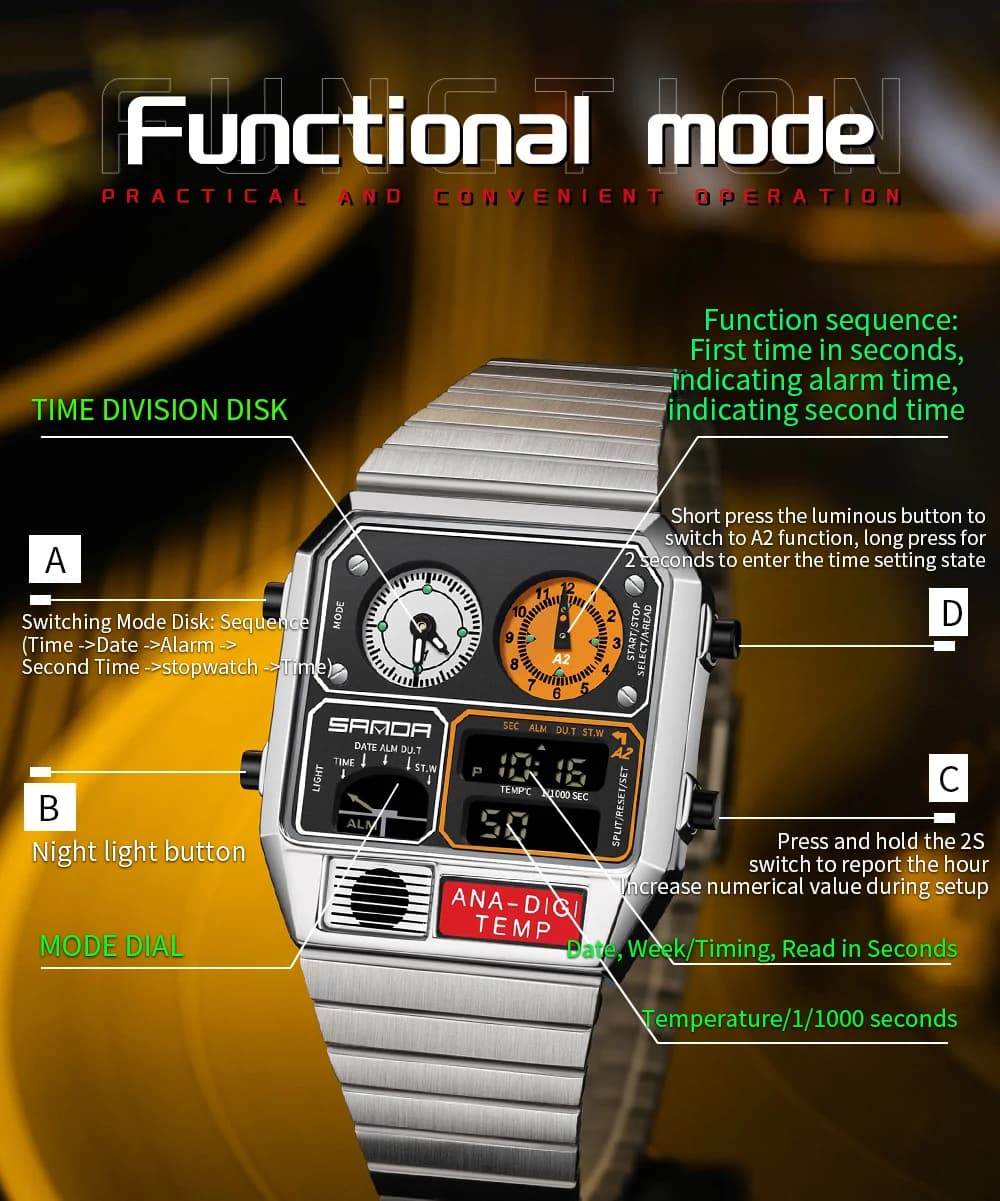 ساعة SANDA الإلكترونية الجديدة 3192 للرجال، شكل مربع، مقاومة للماء، ميزان حرارة LED، كرونوغراف - 4