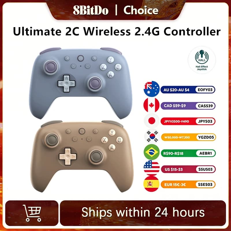 وحدة تحكم ألعاب 8BitDo Ultimate 2C لاسلكية 2.4G مع عصا تحكم بتأثير هول لأجهزة الكمبيوتر Steam Deck Raspberry Pi Android