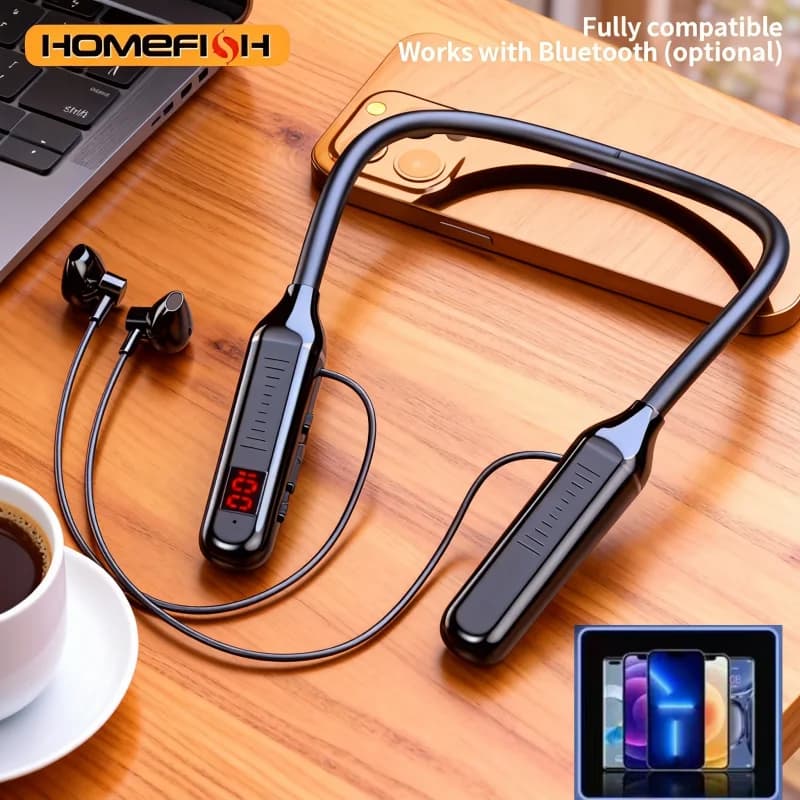 سماعات رقبة بلوتوث لاسلكية مع شاشة رقمية، سماعات ستيريو رياضية شبه داخل الأذن بسعة كبيرة - 6