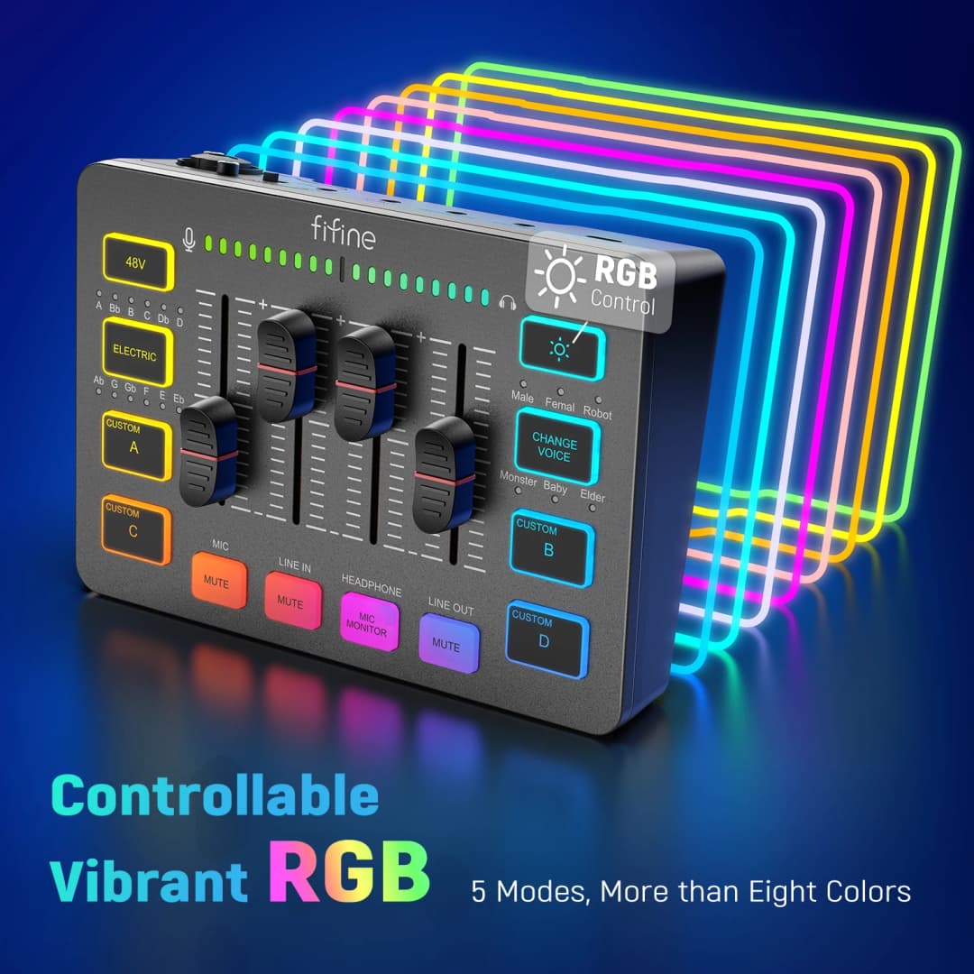 خلاط صوتي للألعاب FIFINE، خلاط بث 4 قنوات RGB مع واجهة ميكروفون XLR، للصوت في الألعاب، البودكاست، AmpliGame SC3 - 6
