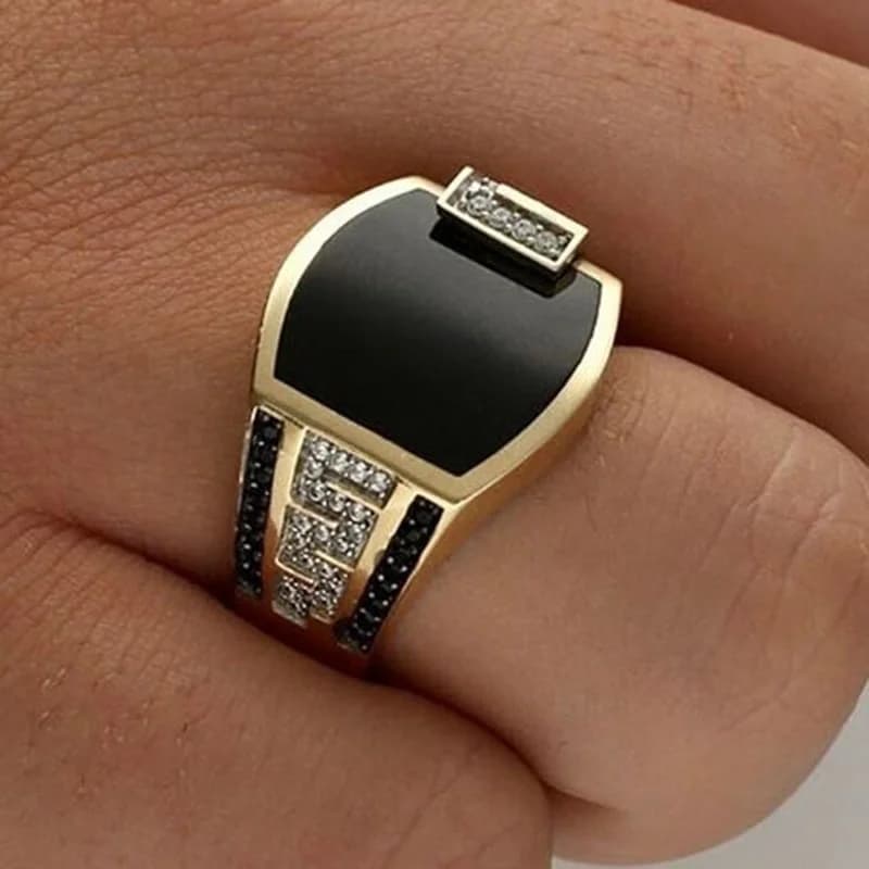 Classic Men's Ring Fashion Metal Gold Color Inlaid Black Stone Zircon Punk Rings for Men Engagement Wedding Luxury  Jewelry - 3