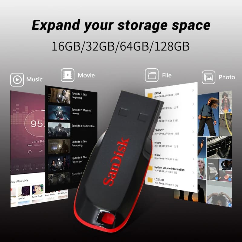 عصا ذاكرة SanDisk FAT32 CZ50 فلاش، USB2.0، بسعة 128 جيجابايت و64 جيجابايت و32 جيجابايت و16 جيجابايت، فلاش درايف صغير أصلي 100% للكمبيوتر - 3