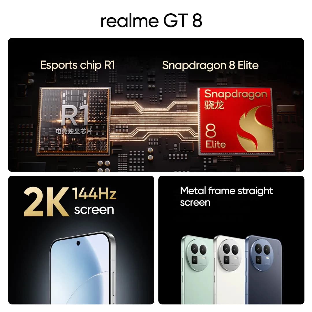 هاتف Realme GT 8 نسخة صينية بطارية 7000 mAh شحن 100W Supercharge معالج Snapdragon 8 Elite شاشة 6.79 بوصة AMOLED 144Hz كاميرا خلفية 50MP - 6