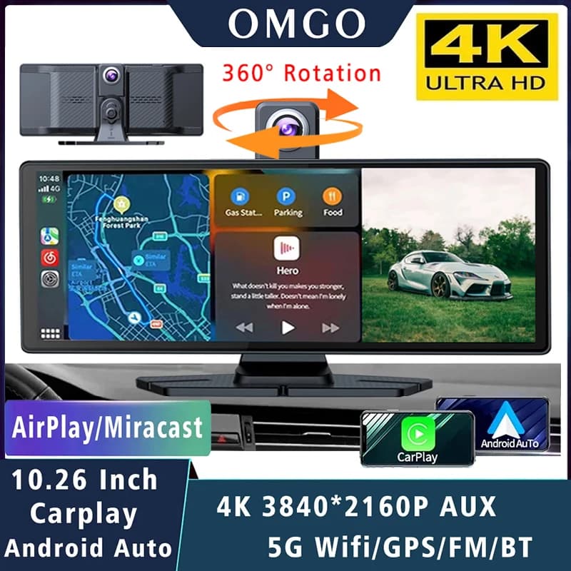 10.26" Dash Cam 4K 2160P Carplay Android Auto Car DVR 5G Wifi GPS FM Video Drive Recorder Stream Dahscam 360 ° Rotation Camera
