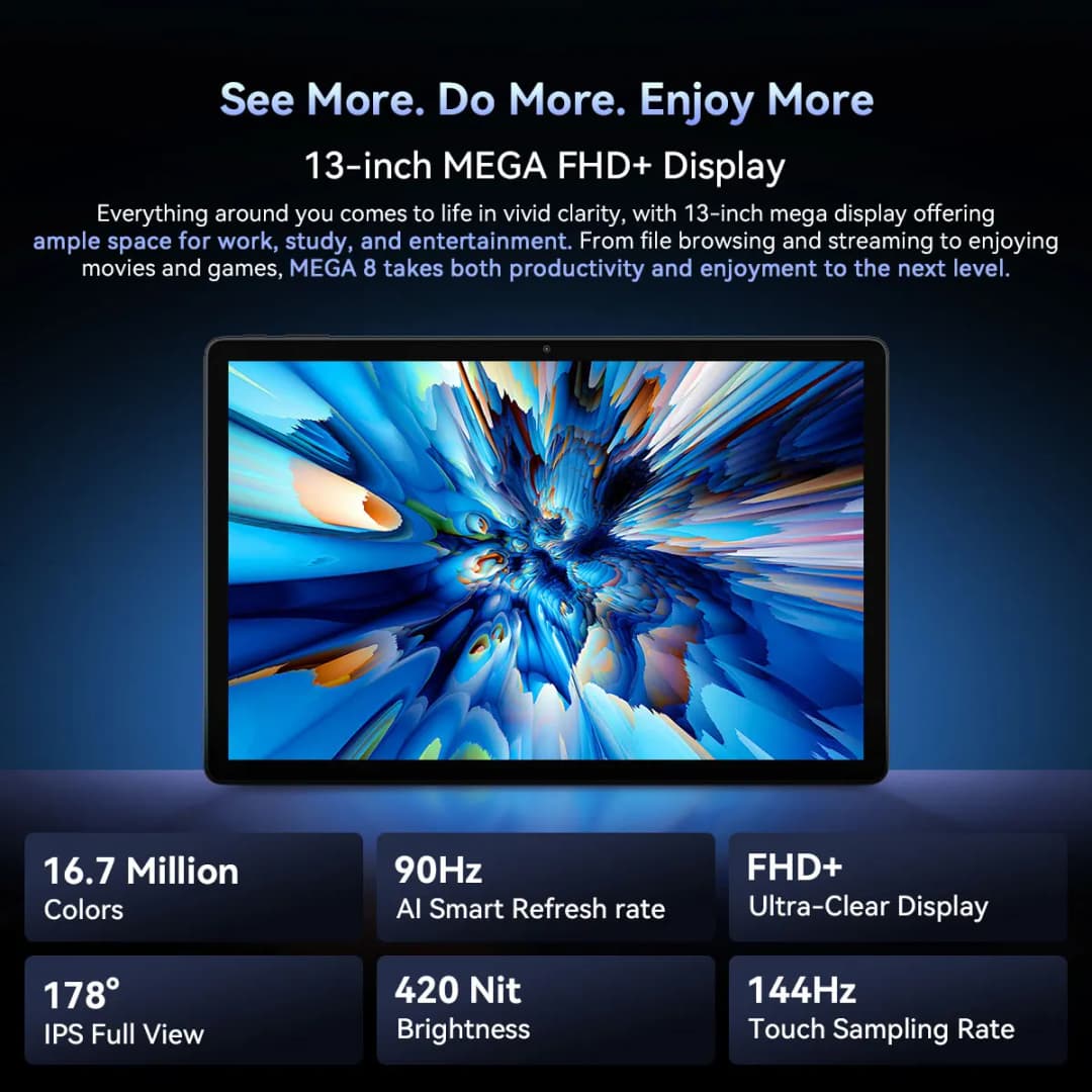 جهاز بلاك فيو ميجا 8 اللوحي بشاشة 13 بوصة FHD+ مع معالج يونيسوك T620، ذاكرة وصول عشوائي 12 جيجابايت + 24 جيجابايت، ذاكرة قراءة 512 جيجابايت، بطارية 11000 مللي أمبير، كاميرا 50 ميجابكسل، أندرويد 15، جهاز لوحي 4G - 3