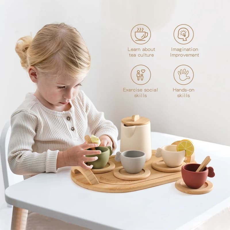 Wooden Children Montessori Toy Teapot Teacup Simulation Kitchen Utensil  BPA Free Silicone Kid Education Pretend Play Toy Gift - 4