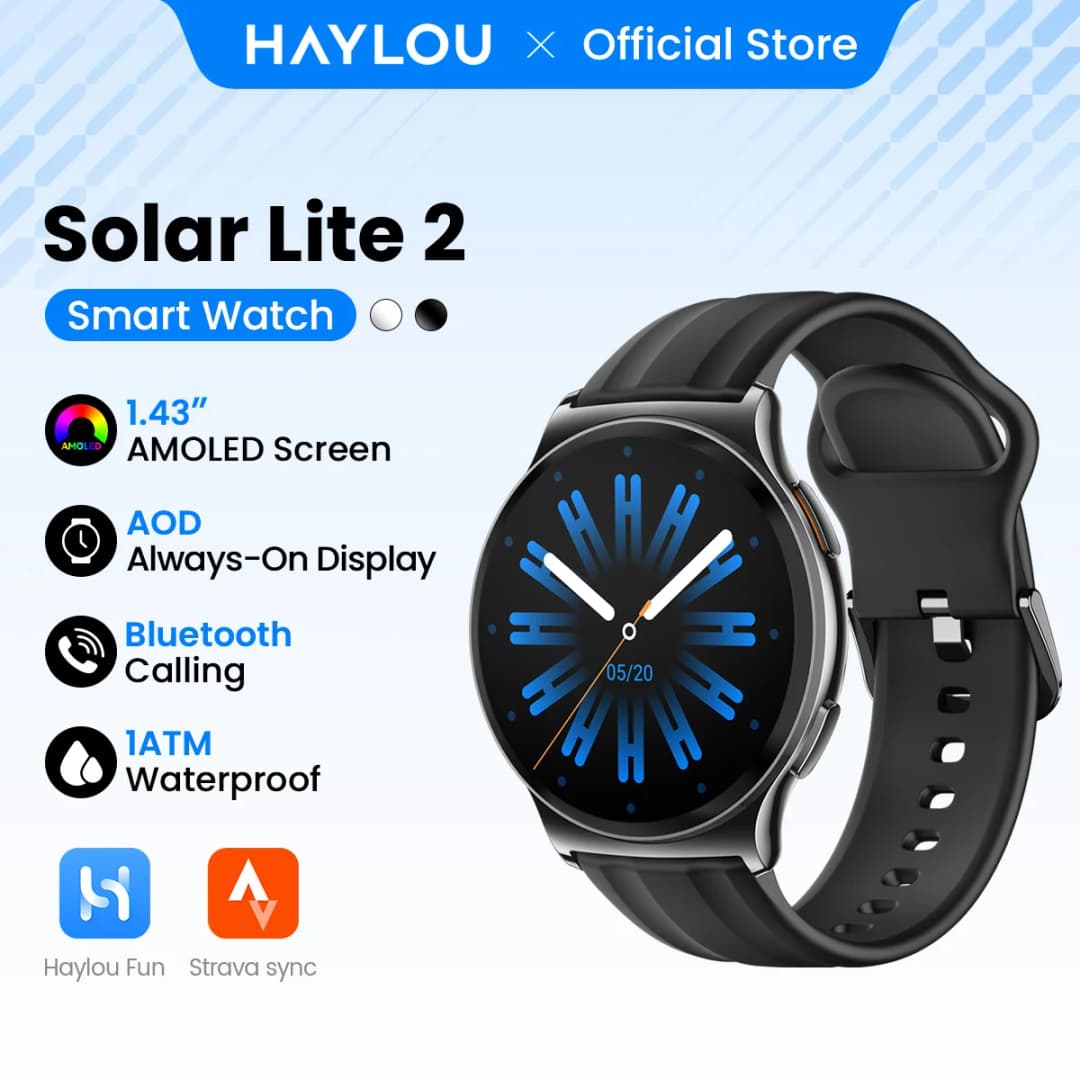 ساعة HAYLOU Solar Lite 2 الذكية بشاشة AMOLED مقاس 1.43 بوصة ومراقبة صحية على مدار 24 ساعة وأكثر من 150 وضع رياضي ومكالمات صوتية ومقاومة للماء حتى 1ATM