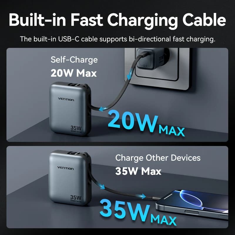 Vention 10000mAh Power Bank Fast Charging PD 35W Portable Mini PowerBank for iPhone 17 16 15 Xiaomi External Battery Charger - 4