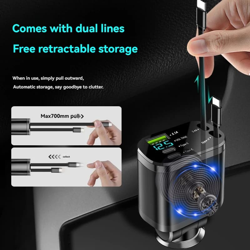 Car charger, car charger with retractable cable, car PD, car fast charging, super fast charging, flash charging, five in one cig - 4