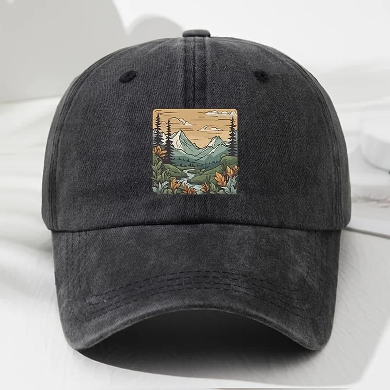 Baseball cap, landscape print, retro men's and women's fashionable outdoor hat, outdoor sports, fishing, hiking, camping