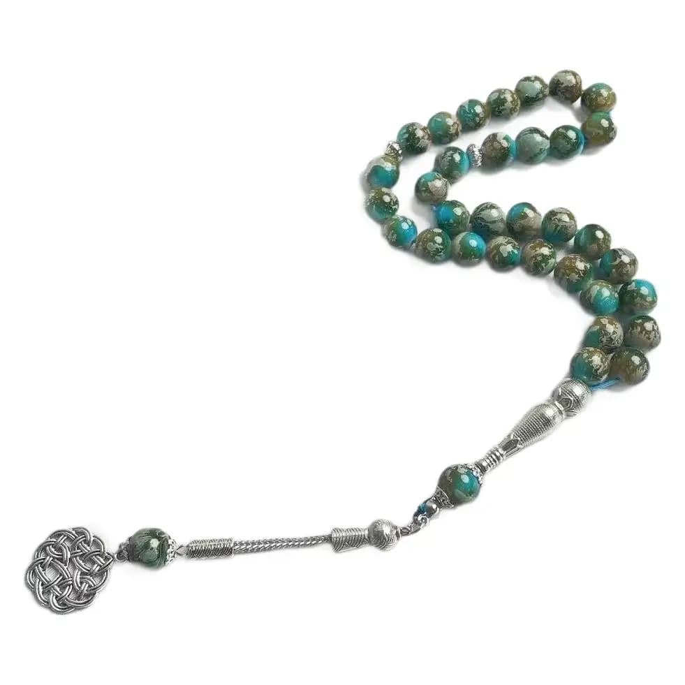 ارتداء اليومي الزجاج الأخضر زهرة كبيرة حبة سوار النمط العربي ساق واحدة 33 قطعة 10 مللي متر الصينية عقدة للجنسين سوار اليدوية - 5