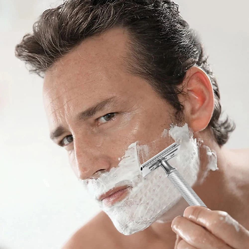 شفرات حلاقة فردية فاخرة آمنة، شفرة حلاقة مزدوجة الحافة، شفرات حلاقة للرجال مع حامل شفرات و5 شفرات بلاتينيوم - 6