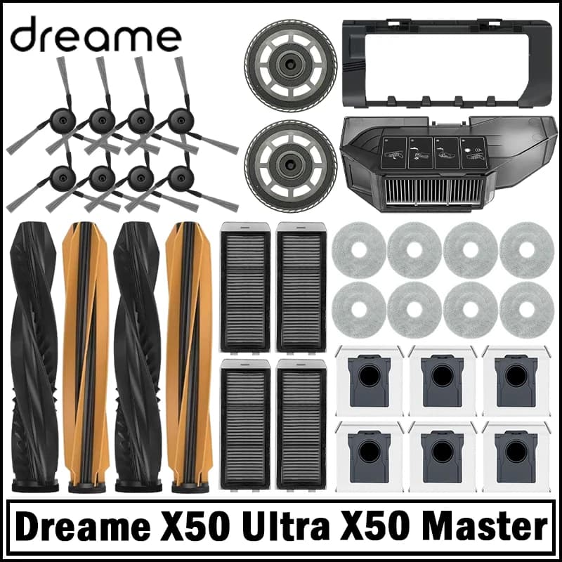 قطع غيار مكنسة روبوت Dreame X50 Ultra / X50 Master: فرش جانبية رئيسية، مناديل تنظيف، فلاتر HEPA، أكياس غبار