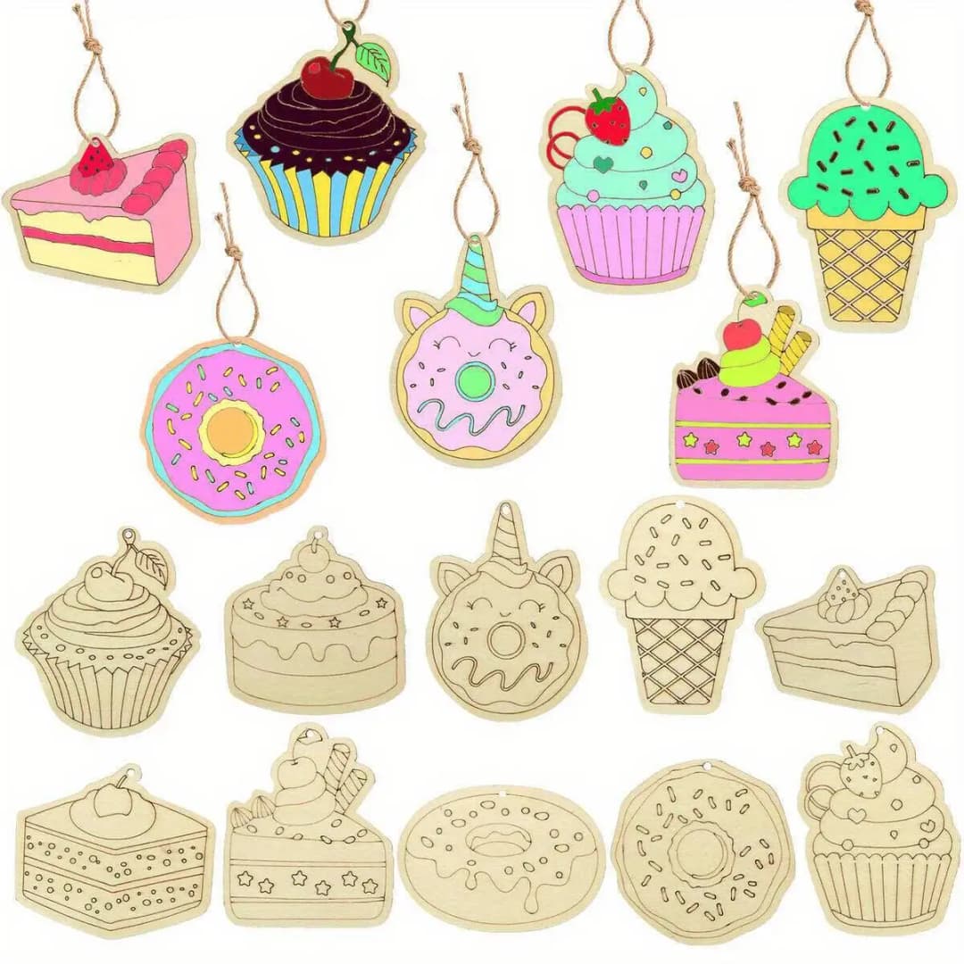 20 قطعة كب كيك خشبية الحلي الكرتون دونات غير مصبوغ الحرف ل الصيف الحلو حفلة عيد ميلاد دهان داي لوازم الهدايا - 4