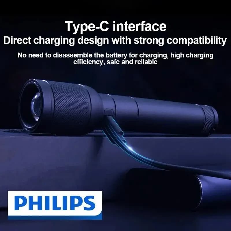 Philips 6168 Optical Zoom Flashlight Type-C Portable Flashlight With 4 Lighting Modes For Self Defense Camping Torch Light - 2