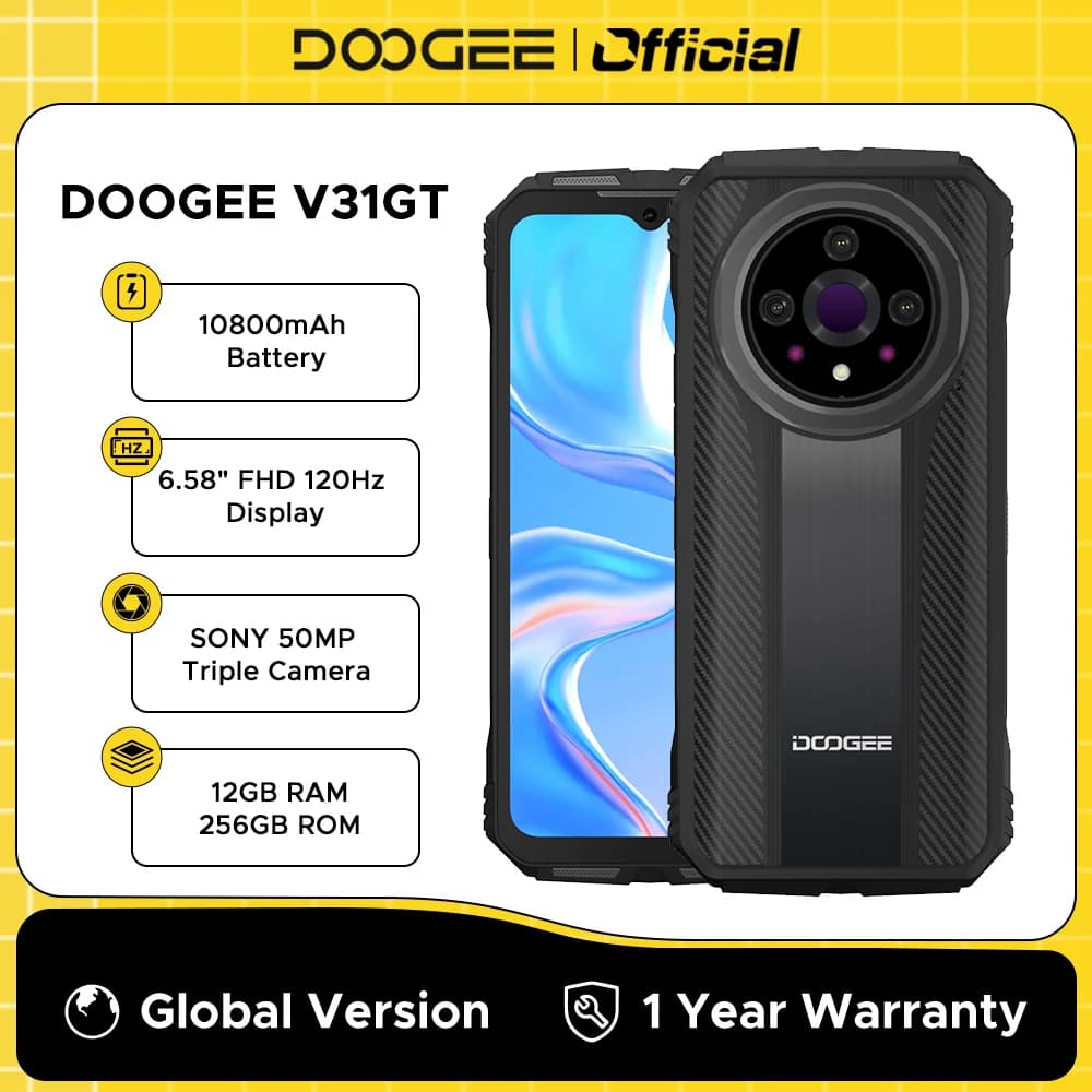 هاتف DOOGEE V31GT المتين 6.58 بوصة FHD شاشة 120 هرتز 5G تصوير حراري Dimensity 1080 12 جيجا رام + 256 جيجا روم 10800 مللي أمبير