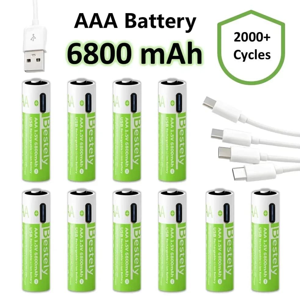 بطارية قابلة لإعادة الشحن 2025 برو، 1.5V، AAA، 6800mAh، شحن سريع Type-C، مؤشر LED، 2000 دورة، مع كابل مجاني